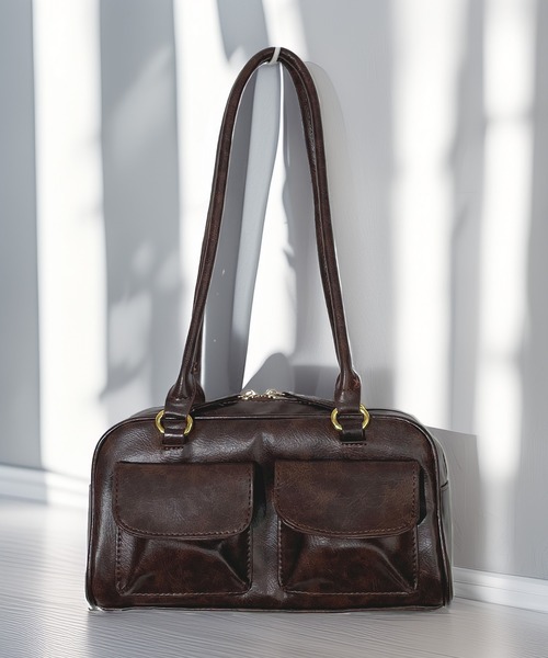 ショルダーバッグ バッグ レトロ 横長 アウトポケット ショルダー ハンドバッグ 軽量 たっぷり容量 韓国 ファッション Y2K Y3K レディース | Candlestick | 19