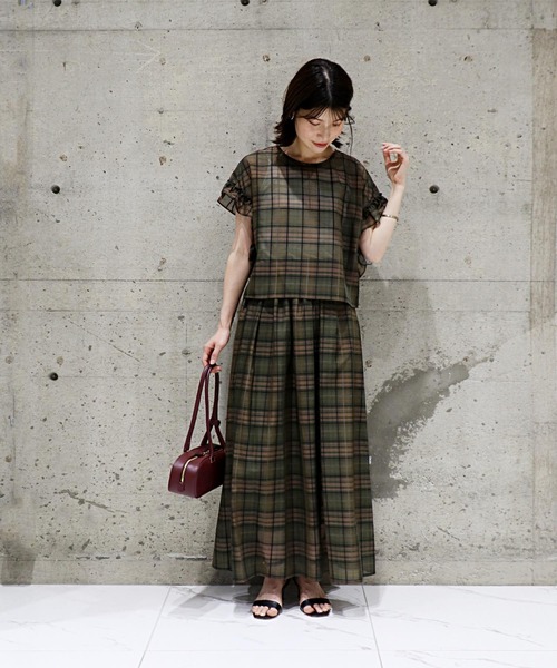 Jines（ジネス） ロング スカート シアーチェックタックギャザー