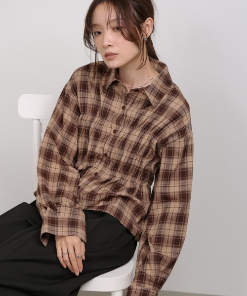 BAB（バブ） ブラウス シャツ シャーリングビスチェ風デザインチェック