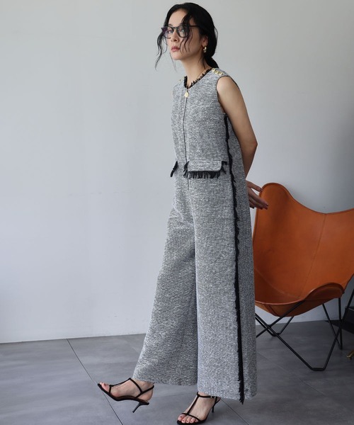 ELFRANK サロペット オーバーオール ツイード フリンジ オールインワン