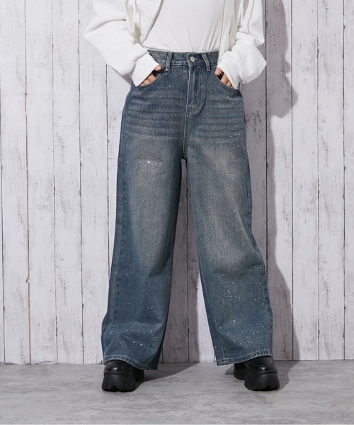 パンツ 「ラメ飛ばしデニム」レディース ストレートパンツ ノン