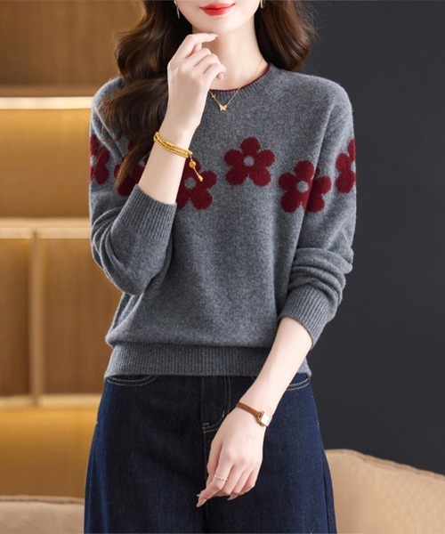 ニット セーター 花柄ジャカードニットトップス レディース : ZOZOTOWN