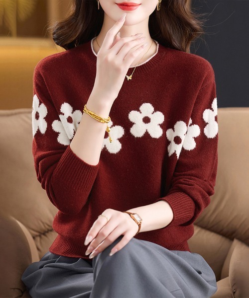 ニット セーター 花柄ジャカードニットトップス レディース : ZOZOTOWN