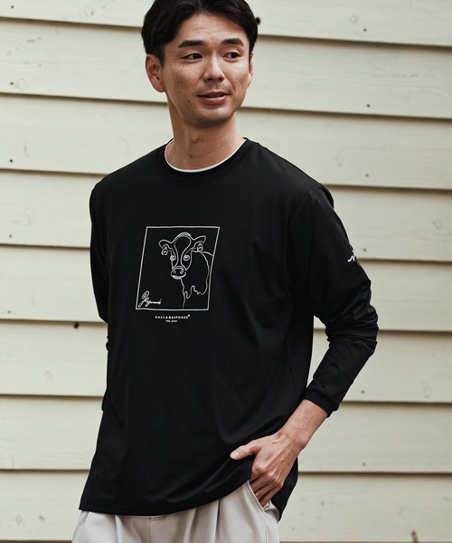 HEAVEN アートプリント 長袖Tシャツ ベージュ・黒 tシャツ mlt5509- アートラインウシ-プリント長袖Tシャツ(260-1321-02