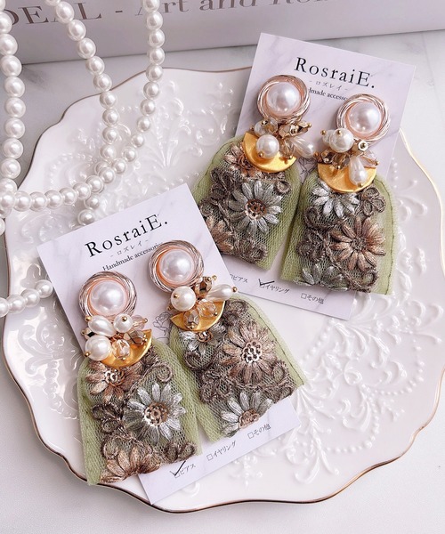TONE（トネ） ピアス 「RosraiE」レトロパール グリーンインド刺繍