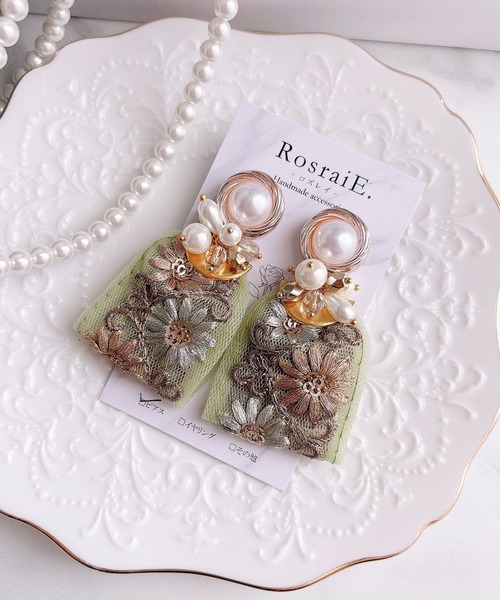 TONE（トネ） ピアス 「RosraiE」レトロパール グリーンインド刺繍