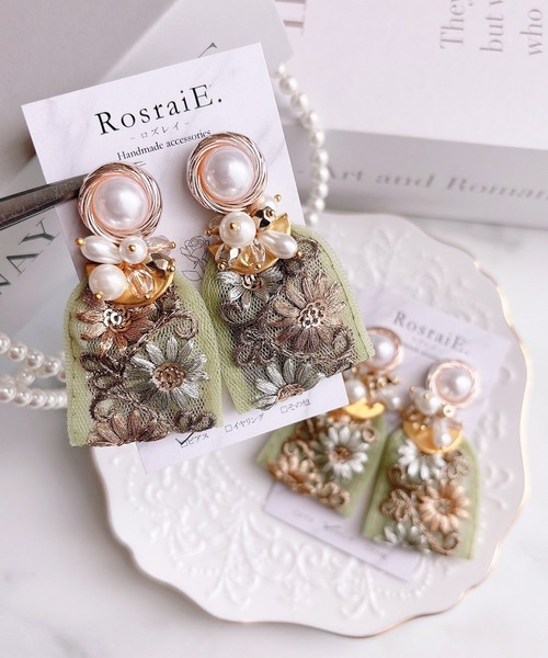TONE（トネ） ピアス 「RosraiE」レトロパール グリーンインド刺繍
