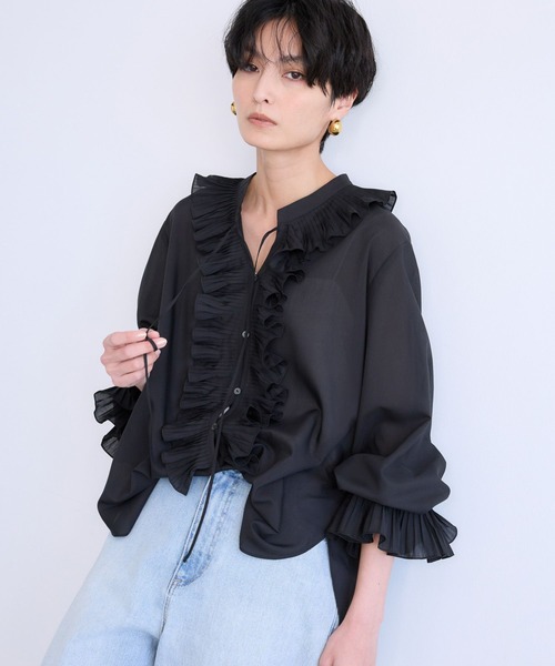 ウラ ジョンソン ブラウス シルク混 パフスリーブ レース 総柄 2 M 黒 other - ウラ ジョンソン ブラウス シルク混 パフスリーブ レース 総柄