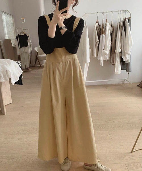 エンフォルド　ワイドサロペット　オーバーオール　オールインワン　ワイドパンツ ENFOLD(エンフォルド)｜ダブルクロス ワイドサロペット/ブラック の