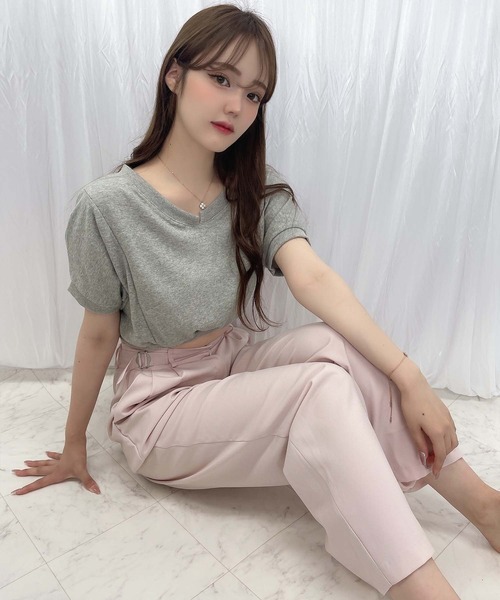 tシャツ 「WEB限定」ロゴブローチ風TEE レディース Rmine tシャツ Tシャツ ブローチ付きVネックショートスウェット