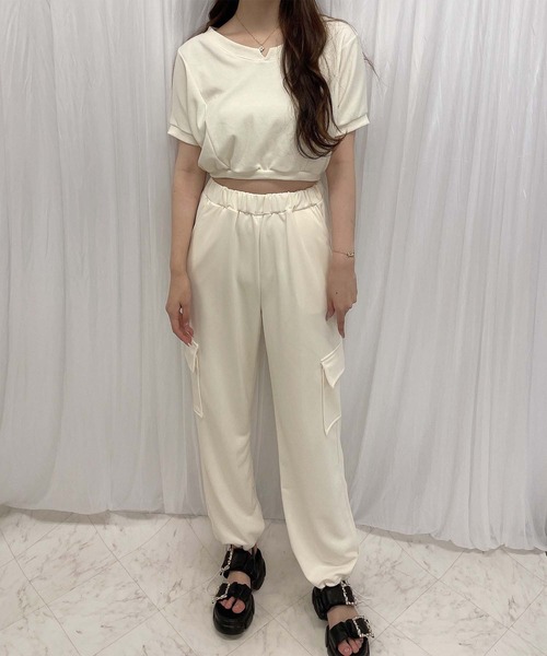 Rmine tシャツ Tシャツ ブローチ付きVネックショートスウェット