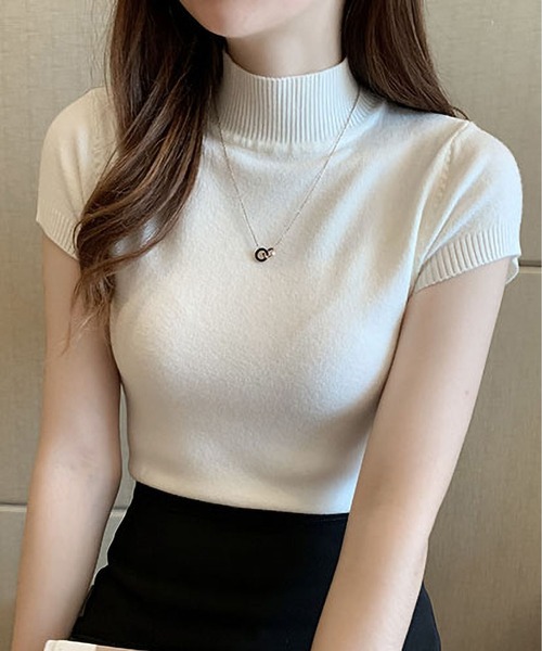 TORY BURCH ホワイト ハイネック半袖ニット TORY BURCH ホワイト ハイネック半袖ニット TORY BURCH ホワイト