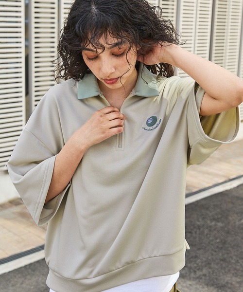 tシャツ ワンポイント刺繍ハーフジップビリヤードロゴ半袖プル