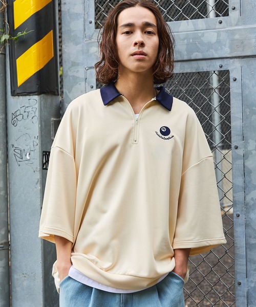 tシャツ ワンポイント刺繍ハーフジップビリヤードロゴ半袖プル