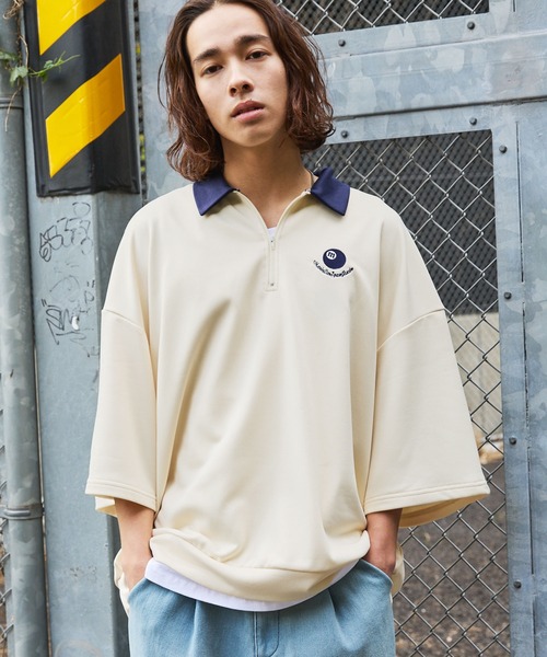 tシャツ ワンポイント刺繍ハーフジップビリヤードロゴ半袖プル