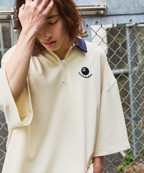 tシャツ ワンポイント刺繍ハーフジップビリヤードロゴ半袖プル