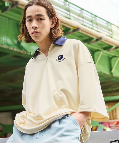 tシャツ ワンポイント刺繍ハーフジップビリヤードロゴ半袖プル
