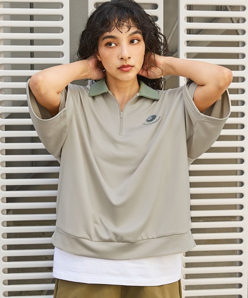 tシャツ ワンポイント刺繍ハーフジップビリヤードロゴ半袖プル