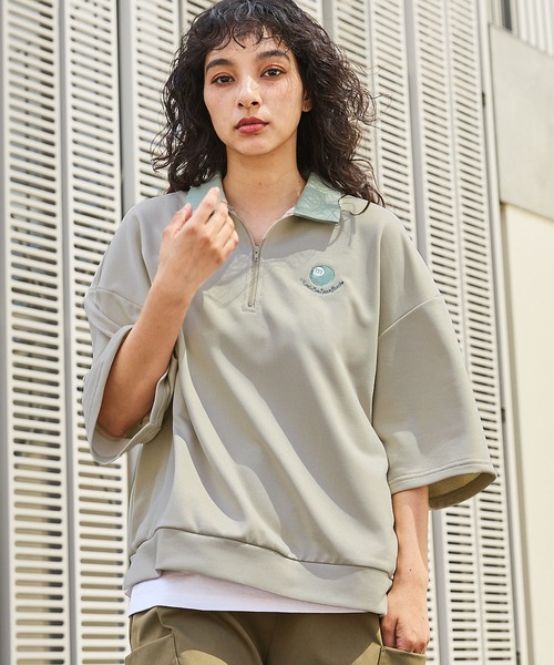 courreges ワンポイント刺繍ワッペンロゴ 半袖トップス 9R tシャツ ワンポイント刺繍ハーフジップビリヤードロゴ半袖プル