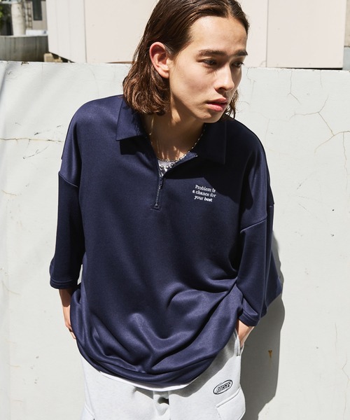 courreges　ワンポイント刺繍ワッペンロゴ　半袖トップス　9R tシャツ ワンポイント刺繍ハーフジップビリヤードロゴ半袖プル