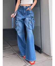 【美品】GYDAサスペンダー付　ハイウエスト　ワイド　カーゴ　デニム GYDA ジーンズ デニム デニムパンツ ハイウエストサスペンダー