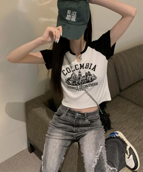 カレッジロゴ半袖Tシャツ＋ショートパンツセット MAISON DE THERESE tシャツ カレッジロゴ バイカラー ショート丈