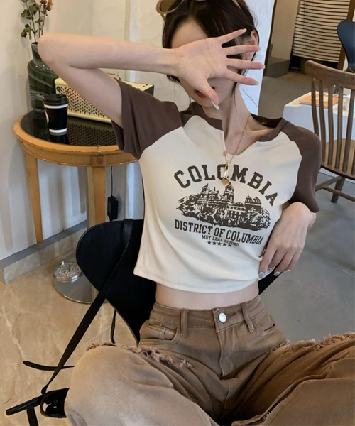 MAISON DE THERESE tシャツ カレッジロゴ バイカラー ショート丈