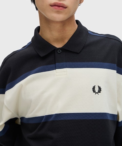 美品✨ FRED PERRY メンズ コントラスト ストライプ シャツ M FRED PERRY ポロシャツ Striped Long Sleeve Polo Shirt