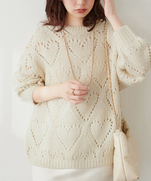 natural couture ニット 透かしハート柄ゆるニット レディース 