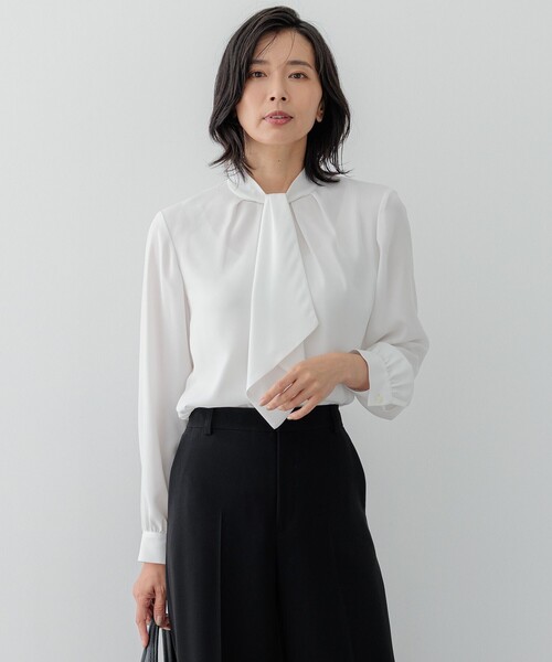 ブラウス シャツ 「吸水速乾/UVケア/防シワ性」バックサテンアムンゼン ボウタイ付き 2WAY ブラウス レディース