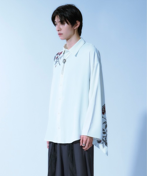 Ellno Loset（エルノロゼット） シャツ 和スリーブフラワー刺繍シャツ