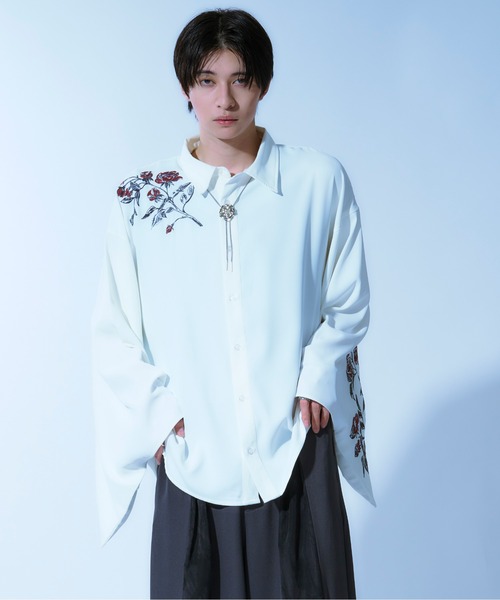 Ellno Loset（エルノロゼット） シャツ 和スリーブフラワー刺繍シャツ