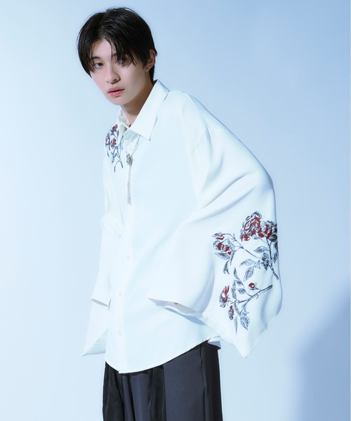Ellno Loset（エルノロゼット） シャツ 和スリーブフラワー刺繍シャツ
