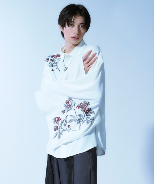 Ellno Loset（エルノロゼット） シャツ 和スリーブフラワー刺繍シャツ