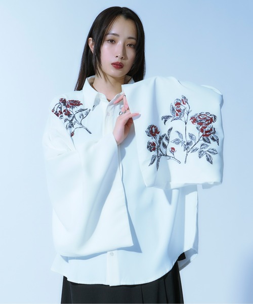 amok シャツ ブラウス フラワー 立体刺繍【L】メンズ 日本製 フレアスリーブフラワー刺繍シャツ（シャツ/ブラウス）｜Ellno