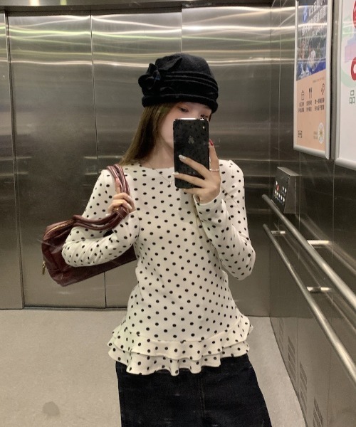 tシャツ 大人可愛いドット柄フリルデザイン長袖トップス レディース