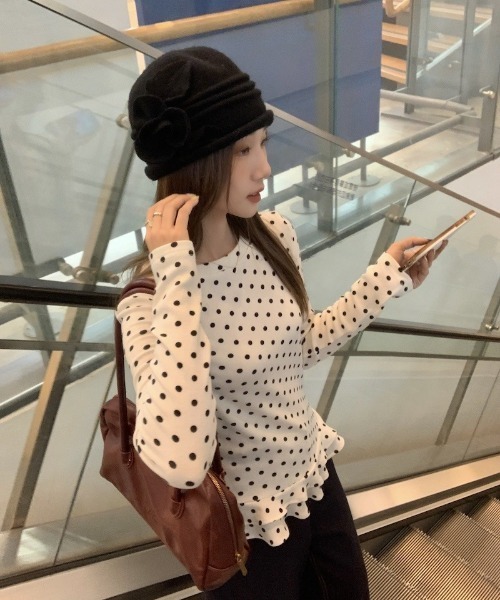 tシャツ 大人可愛いドット柄フリルデザイン長袖トップス レディース