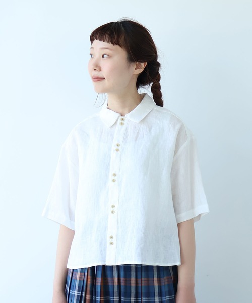 bulle de savon △○60sフレンチリネン ボーイ シャツ　白 bulle de savon（ビュルデサボン） ブラウス シャツ 60sフレンチリネン
