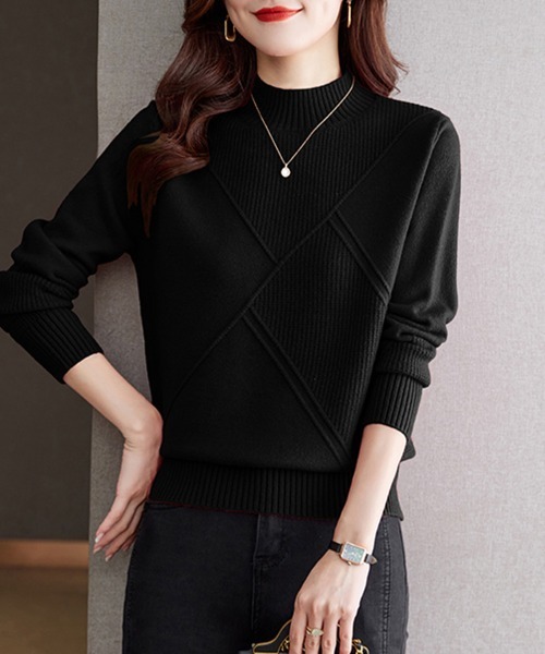 ニット セーター 幾何学編みハイネックニットトップス レディース