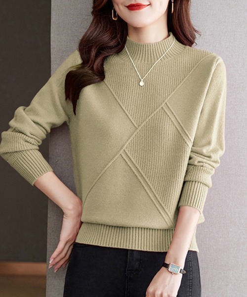 ニット セーター 幾何学編みハイネックニットトップス レディース