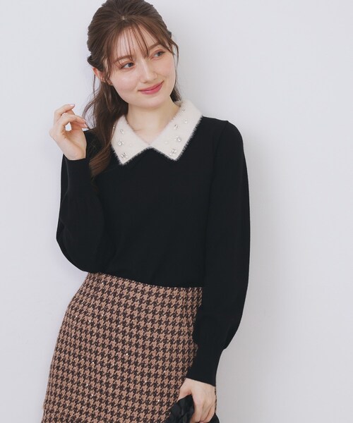 index（インデックス） ニット セーター ダブルビジューフェザー衿付き