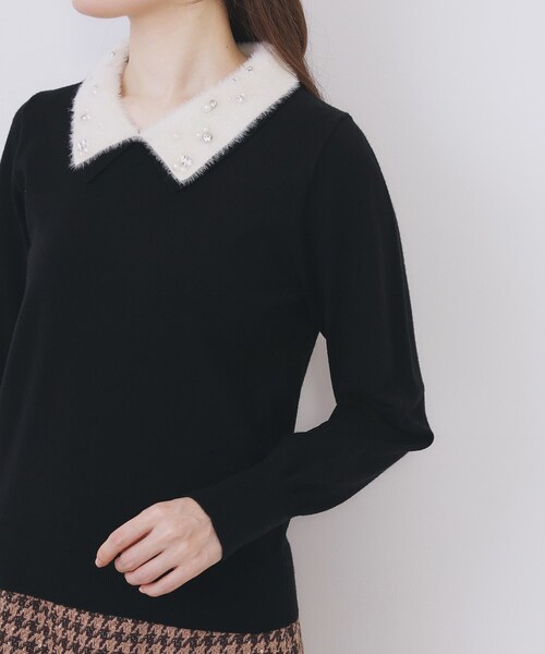 index（インデックス） ニット セーター ダブルビジューフェザー衿付き