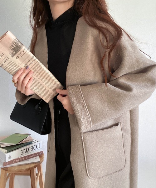 「andme」 ノーカラーコート M グレイッシュベージュ レディース_画像7