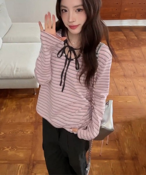 tシャツ ネック貝殻飾りパネルボーダーロングスリーブTシャツ 
