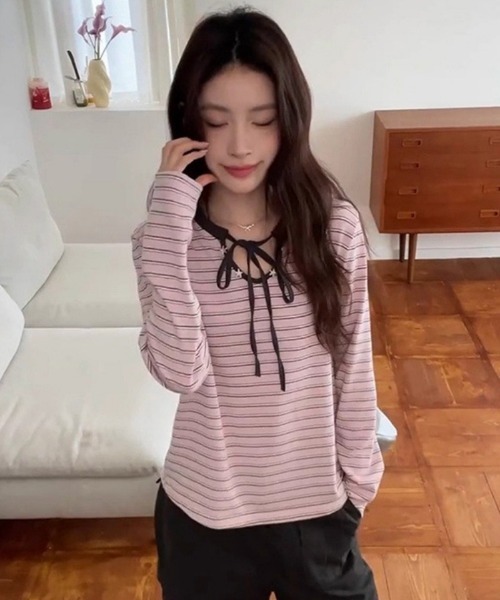 tシャツ ネック貝殻飾りパネルボーダーロングスリーブTシャツ