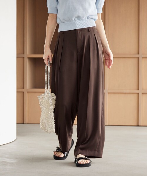 ワイドパンツ パンツ ポリエステル ドレープ 2タック ワイドパンツ ウォッシャブル レディースの画像