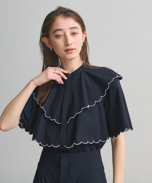 ブラウス シャツ スカラップ フリル ブラウス ‐はっ水 UVカット 防しわ ウォッシャブル‐ レディースの画像