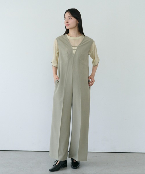 SOYEN オールインワン Vネックセンタープレスワイドパンツロンパース 