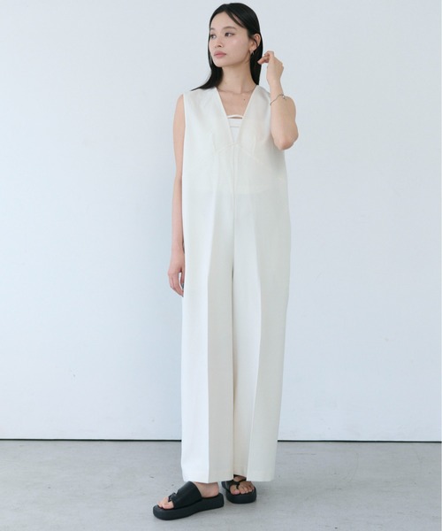 SOYEN オールインワン Vネックセンタープレスワイドパンツロンパース