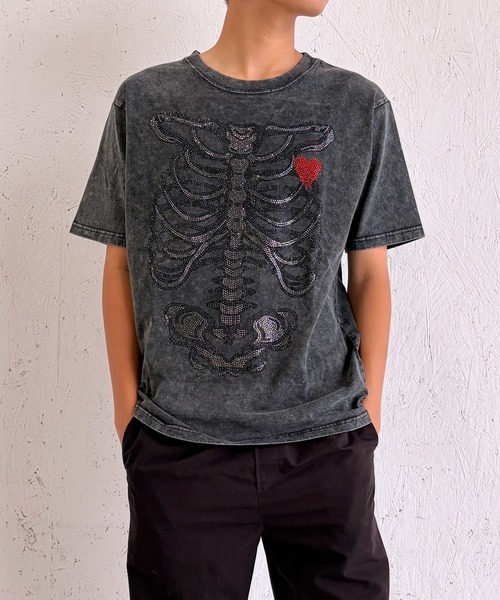 BAYBLO tシャツ (SF) edakka コットン100% ラインストーン 骨 韓国